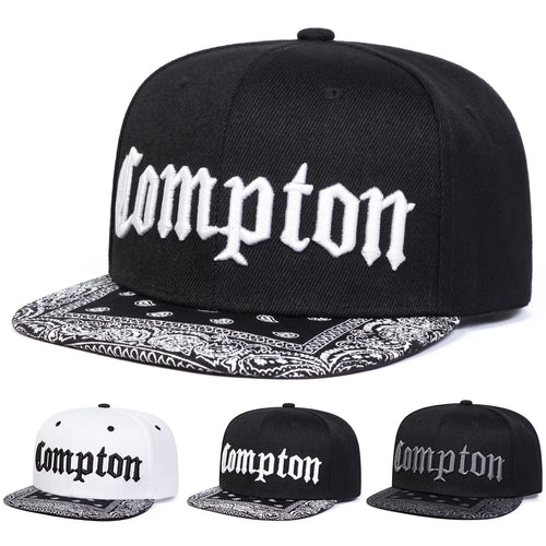 Compton Letter Embroidered Flat Brim Snapback Cap