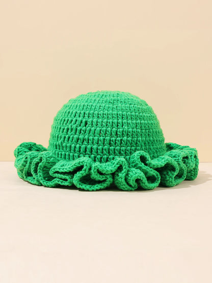 Women Vintage Crochet Black Ruffled Bucket Hat