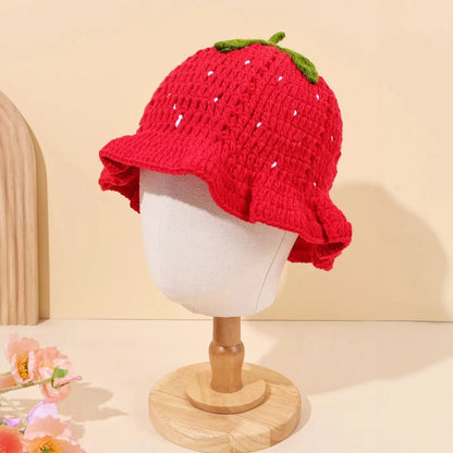 Women Strawberry Crochet Ruffle Fisherman Bucket Hat