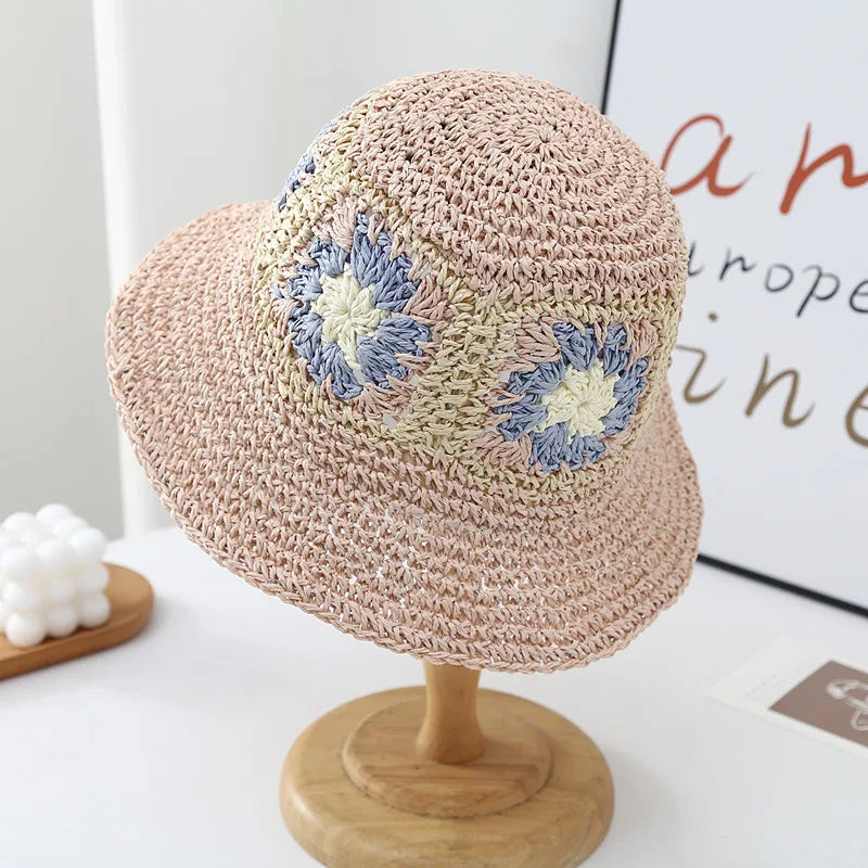 Women Foldable Straw Crochet Flower Bucket Hat