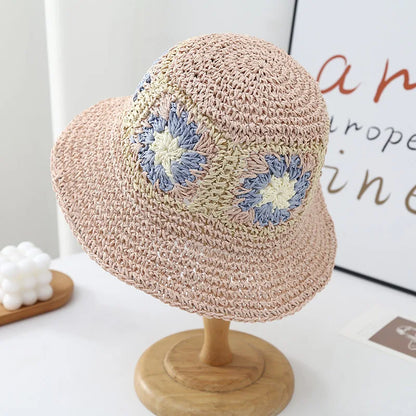 Women Foldable Straw Crochet Flower Bucket Hat