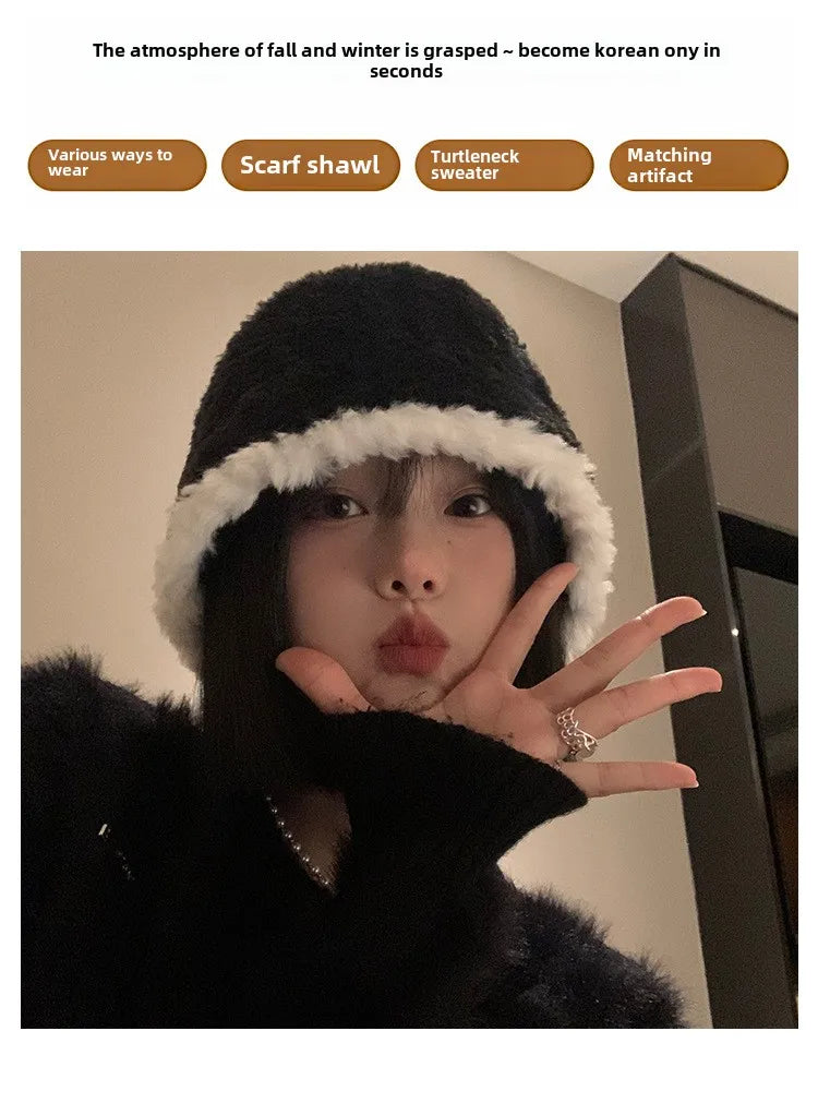 Black Plush Bucket Hat For Women Autumn And Winter