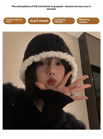 Black Plush Bucket Hat For Women Autumn And Winter