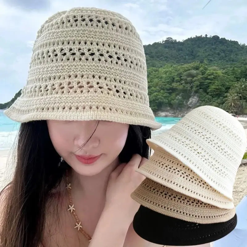 Hollow Knitted Straw Crochet Bucket Hat