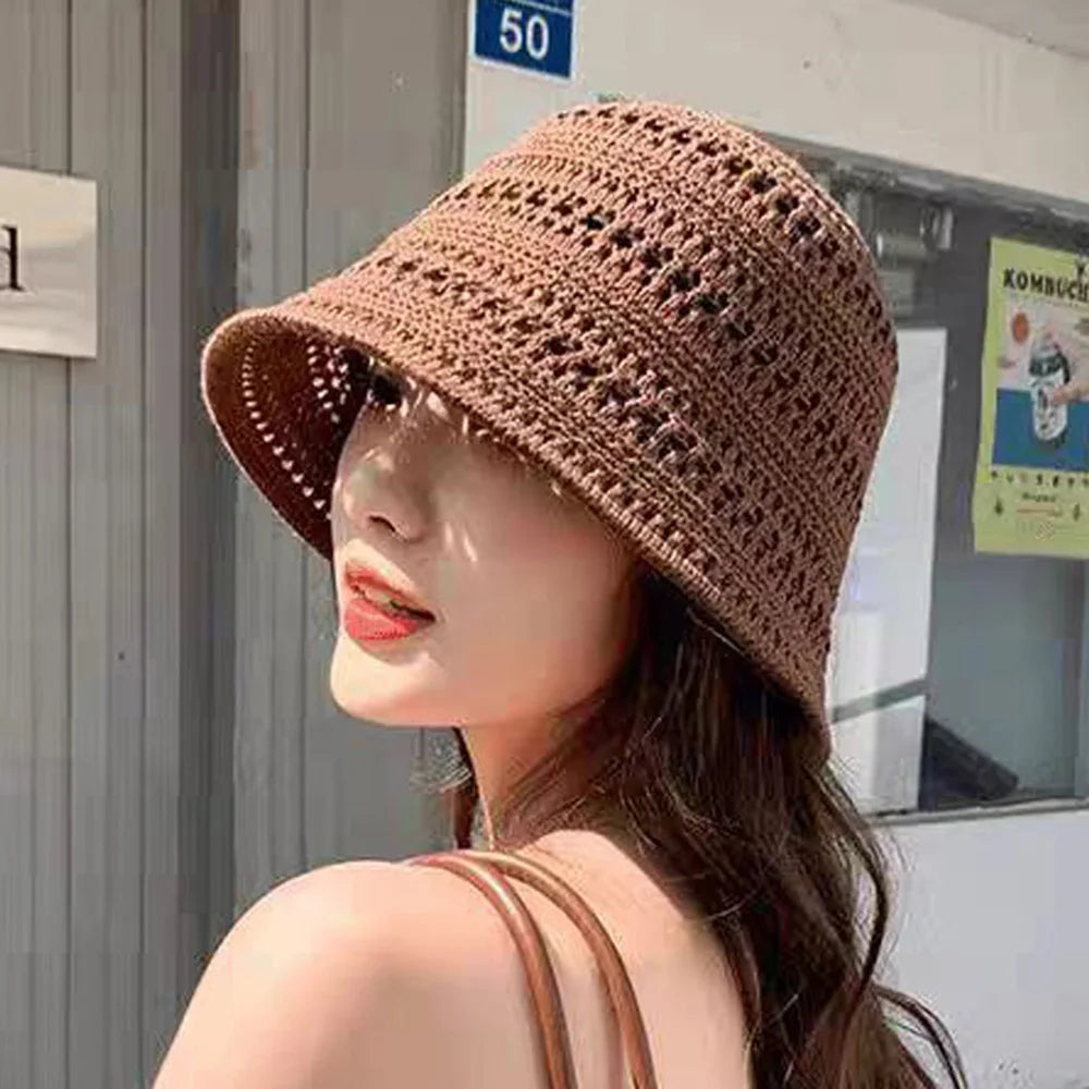 Hollow Knitted Straw Crochet Bucket Hat