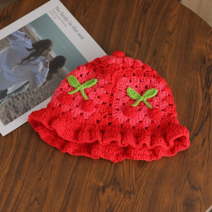 3D Cherry Crochet Ruffled Bucket Hat