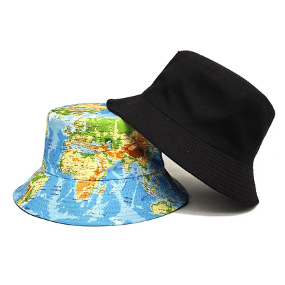 Reversible World Map Bucket Hat Men Women Double Sided