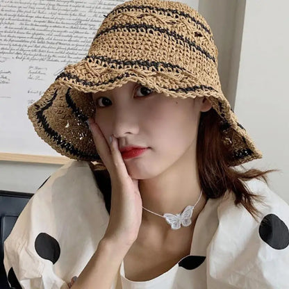 Striped Geometric Straw Bucket Hat