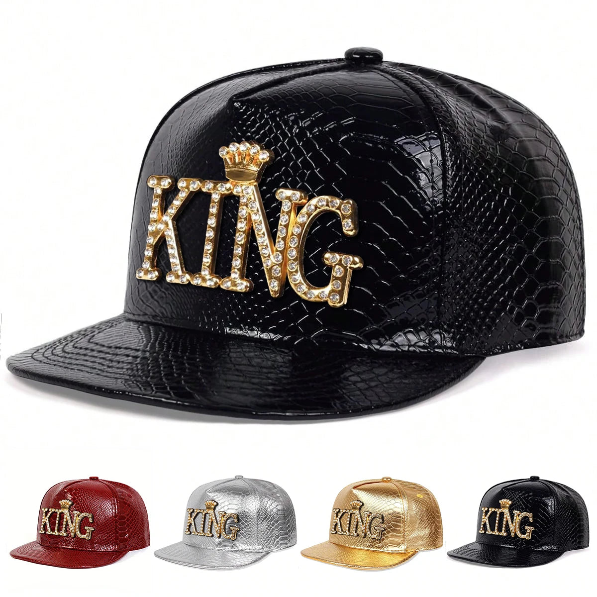 King Pattern Leather Patch Adjustable Hip-Hop Snapback Cap