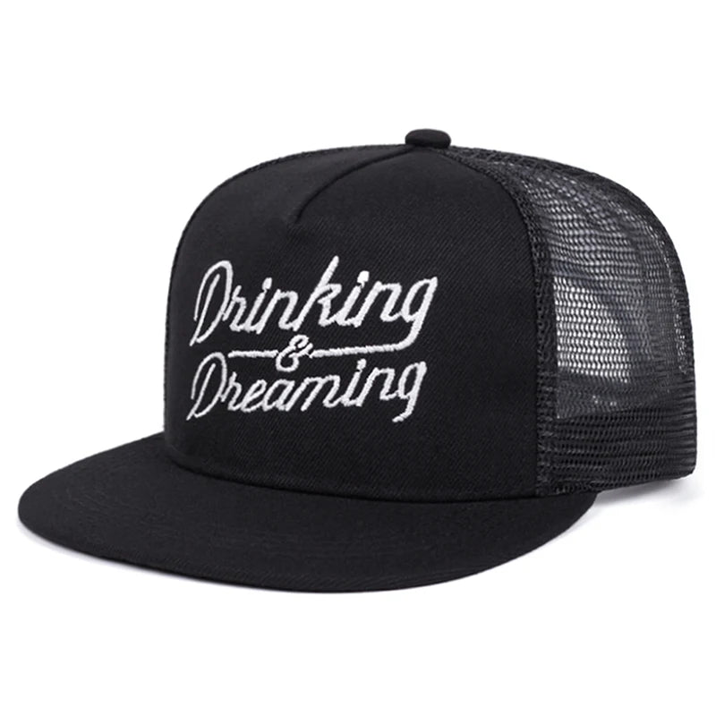 Unisex Flat Brim Letter Embroidered Mesh Snapback Cap