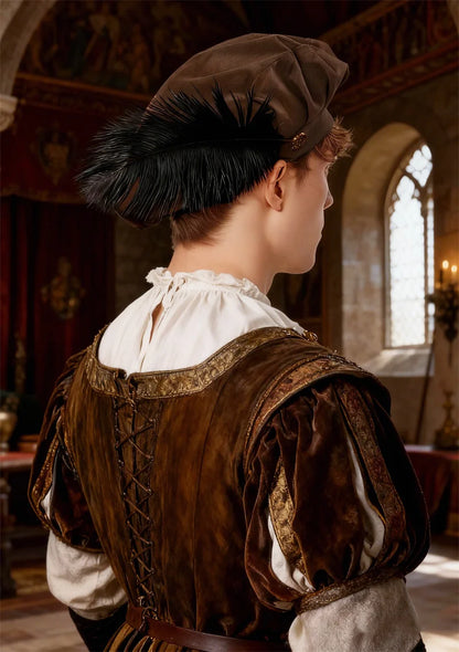 Quality Medieval Unisex Beret Hat With Feather Suede Tudor Hat