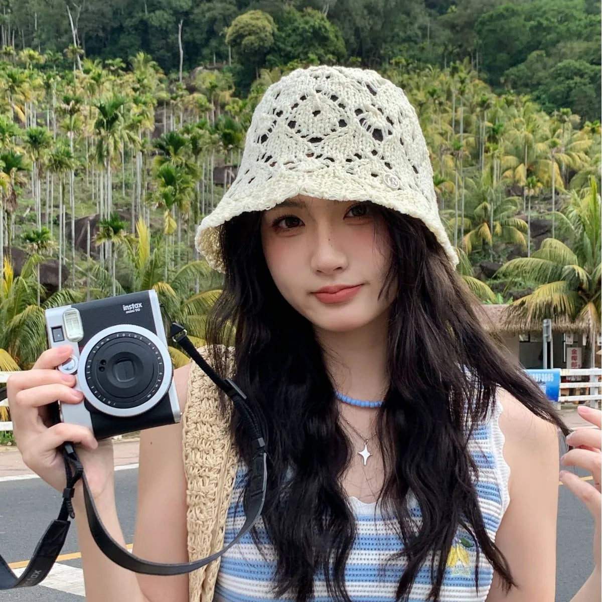 Women Beige Crochet Hollow Knit Bucket Hat