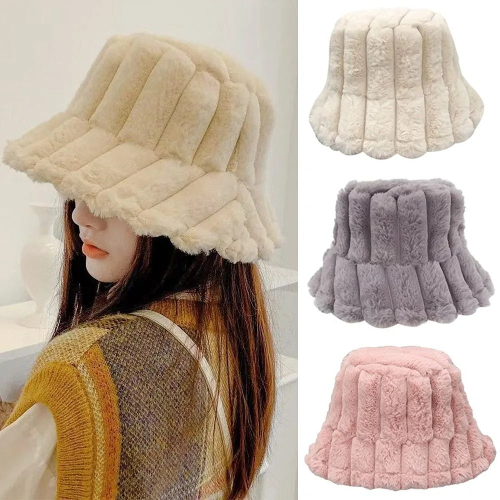 Women Faux Fur Winter Panama Fisherman Bucket Hat