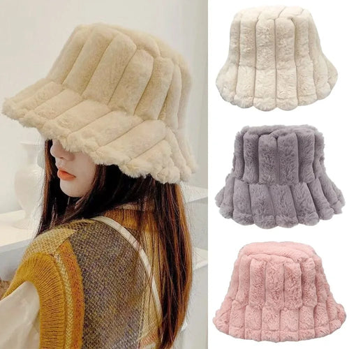 Women Faux Fur Winter Panama Fisherman Bucket Hat