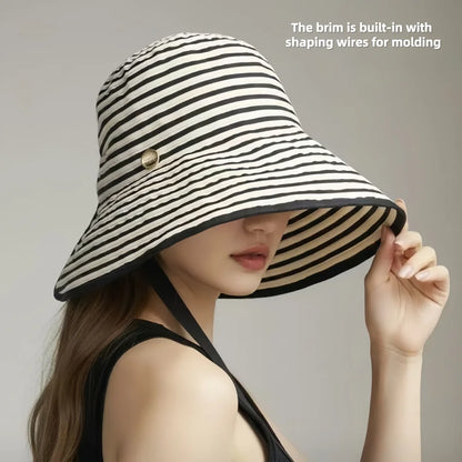 Black And White Striped Wide Brimmed Sun Hat