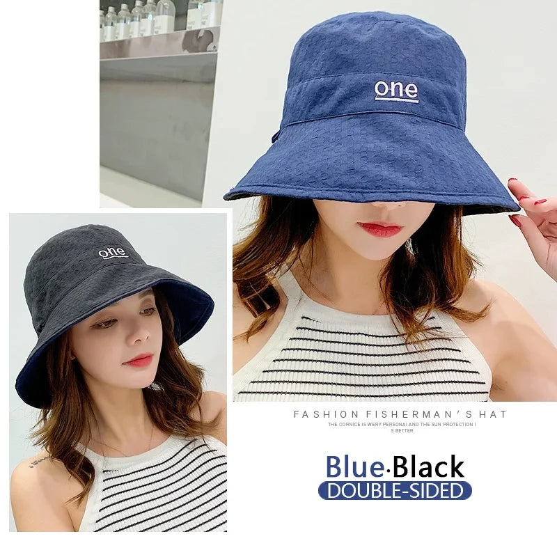 Womens ‘ONE‘ Letter Embroidery Double-Sided Cotton Bucket Hat