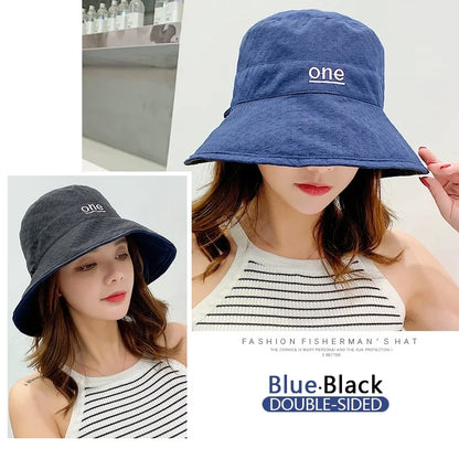 Womens ‘ONE‘ Letter Embroidery Double-Sided Cotton Bucket Hat