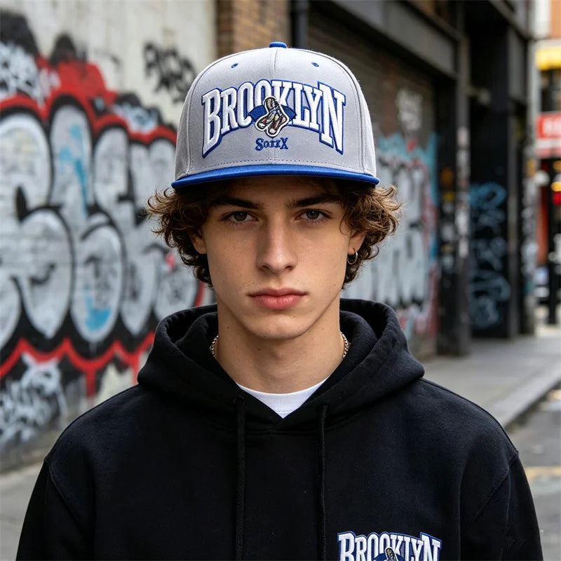 Unisex Embroidered Cotton Flat Brim Hip-Hop Snapback Cap