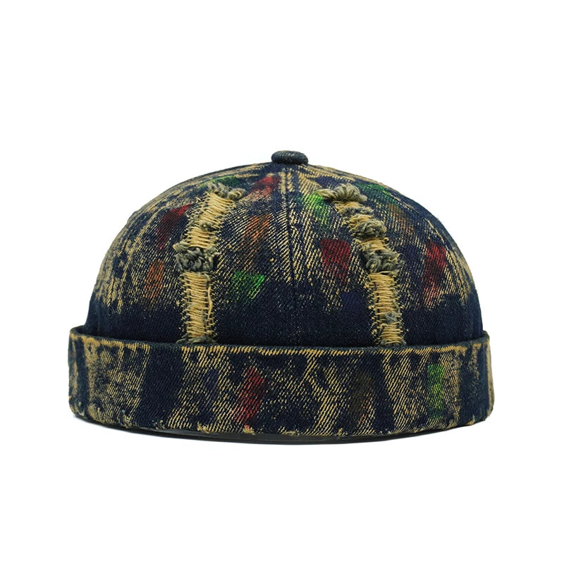 Tear Broken Denim Docker Cap Colorful Brimless Caps
