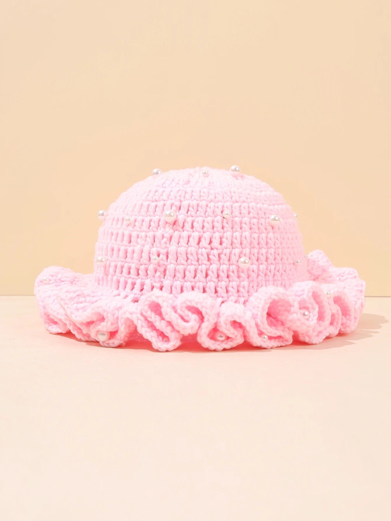 Women Vintage Pearl Crochet Ruffled Bucket Hat