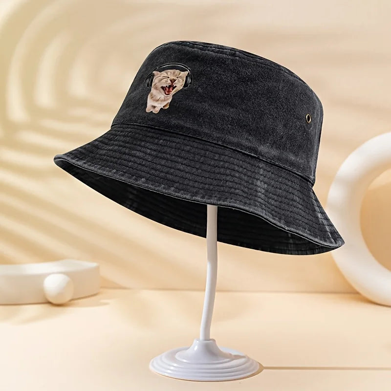 Earphone Cat Print Bucket Hat
