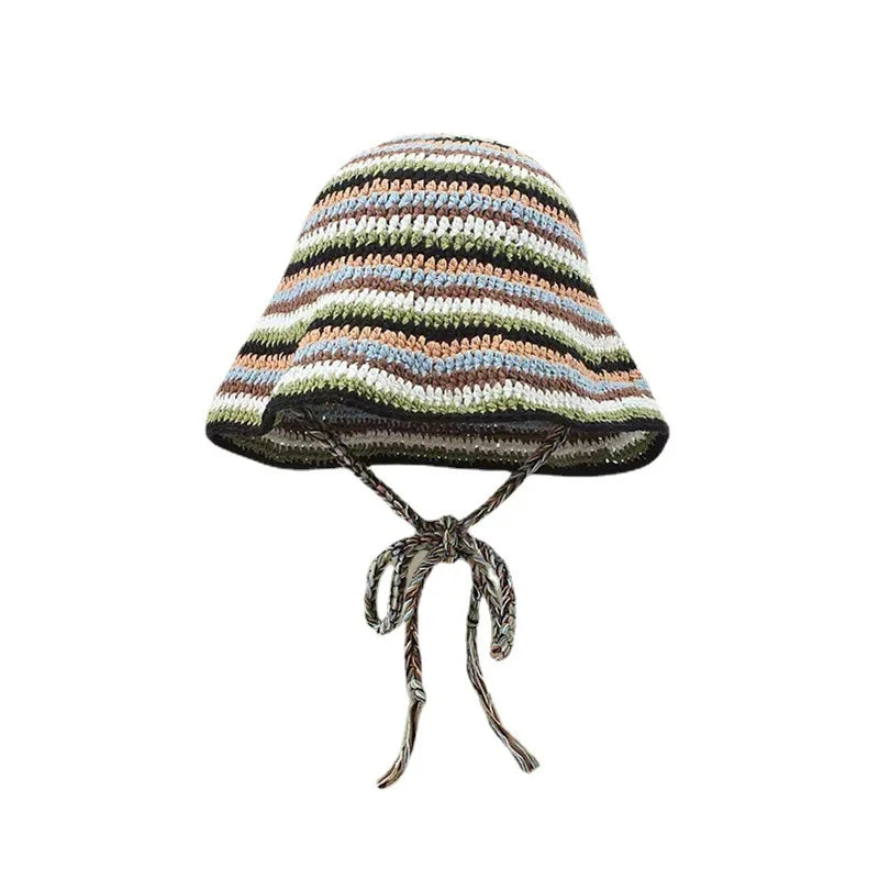 Women Striped Crochet Braided Bucket Hat