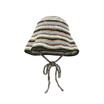 Women Striped Crochet Braided Bucket Hat