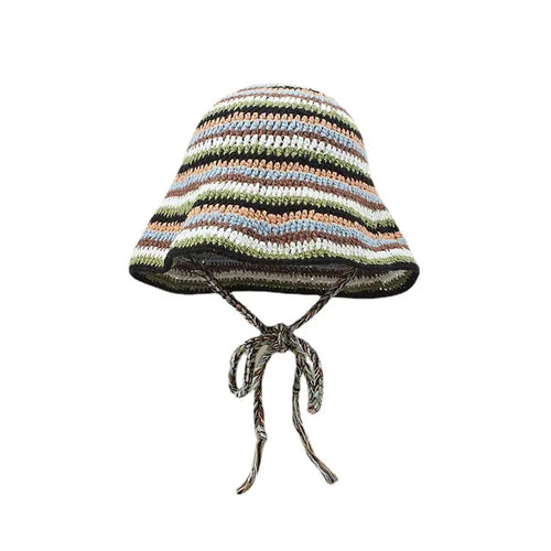 Women Striped Crochet Braided Bucket Hat