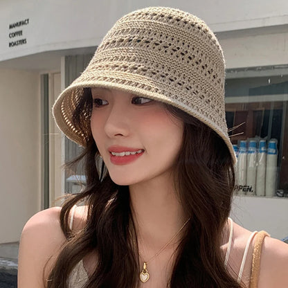 Hollow Knitted Straw Crochet Bucket Hat