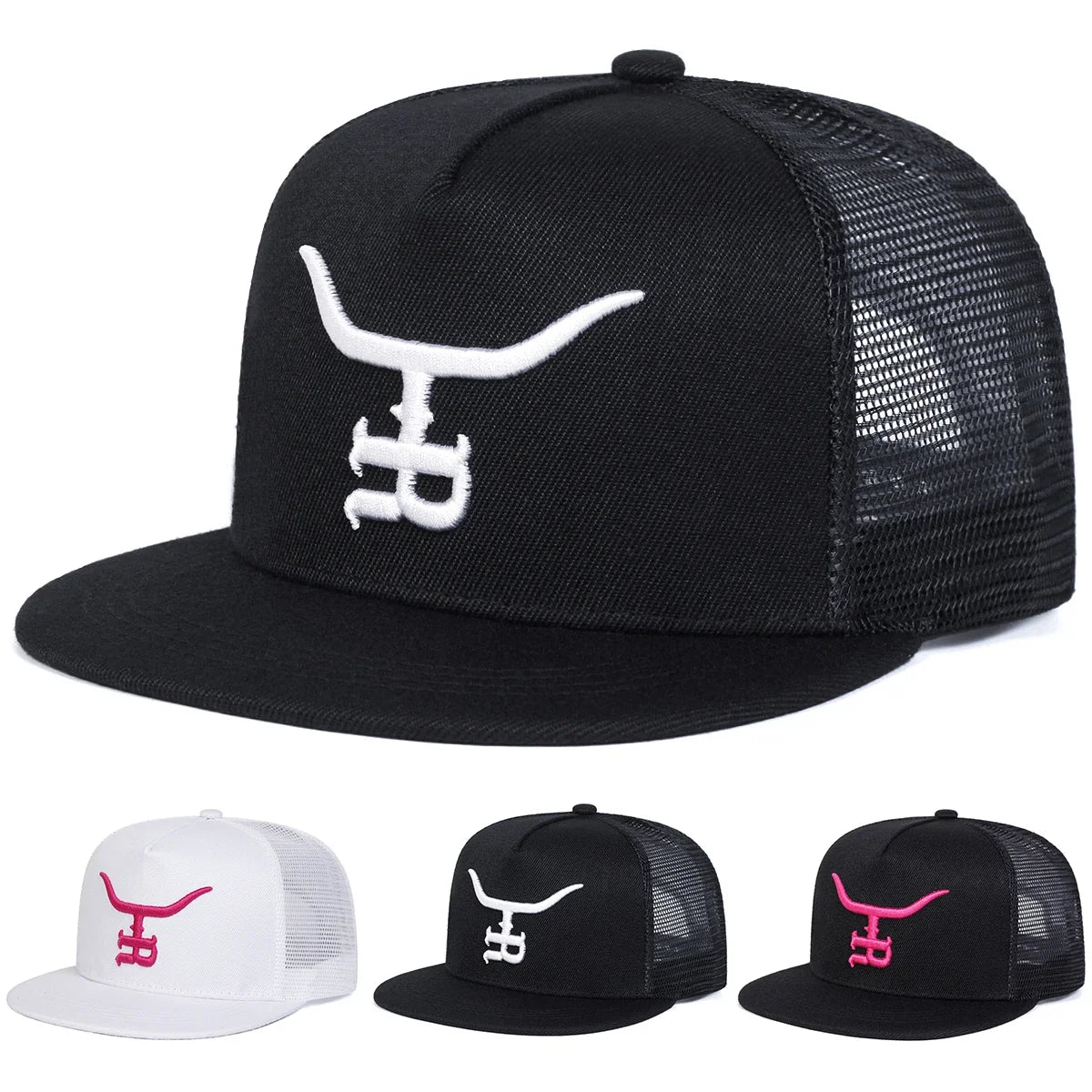 Unisex R Letter Bullhead Embroidered Mesh Snapback Cap
