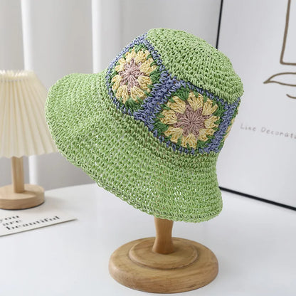Women Foldable Straw Crochet Flower Bucket Hat