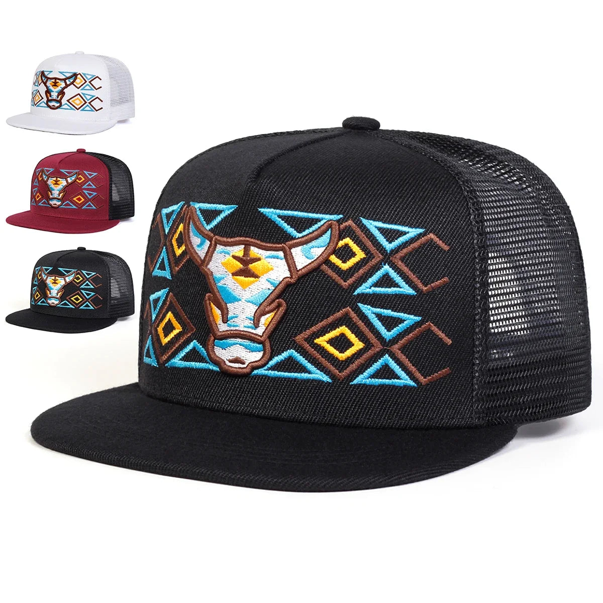 Ox Head Embroidered Unisex Mesh Hip-Hop Snapback Cap