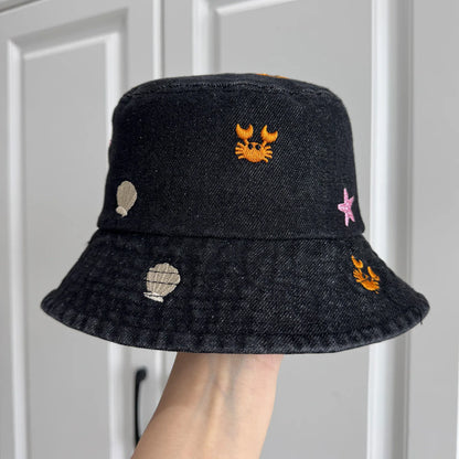 Sea Shell Embroidered Denim Bucket Hat
