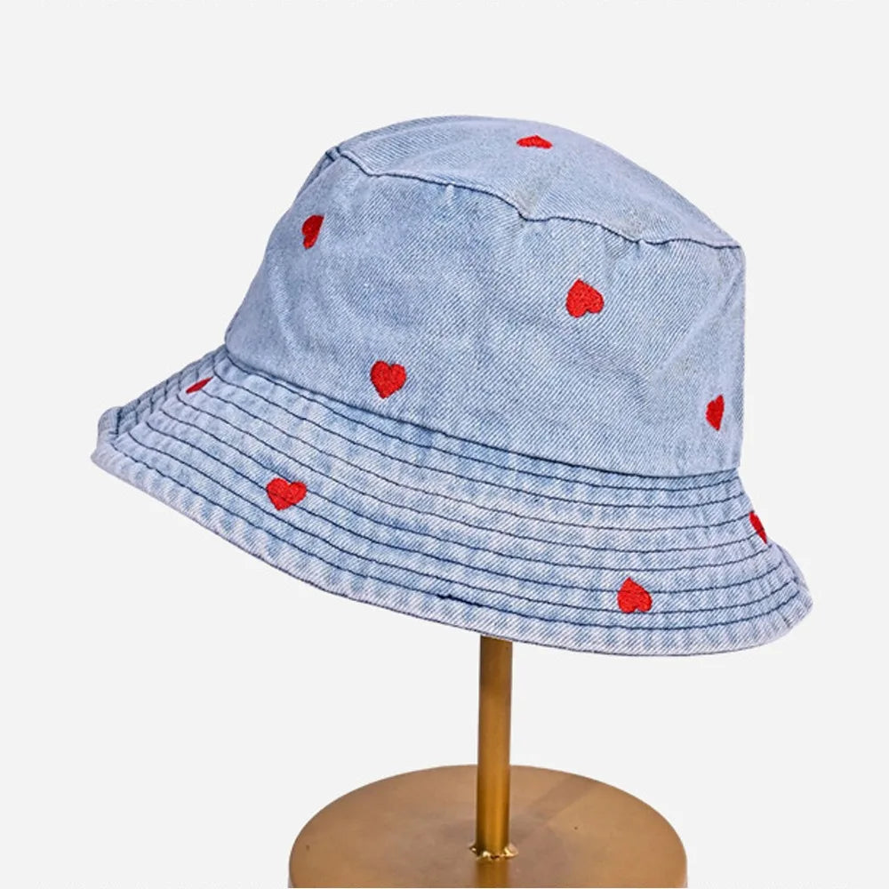 Trend Retro Denim Love Heart Embroidery Bucket Hat
