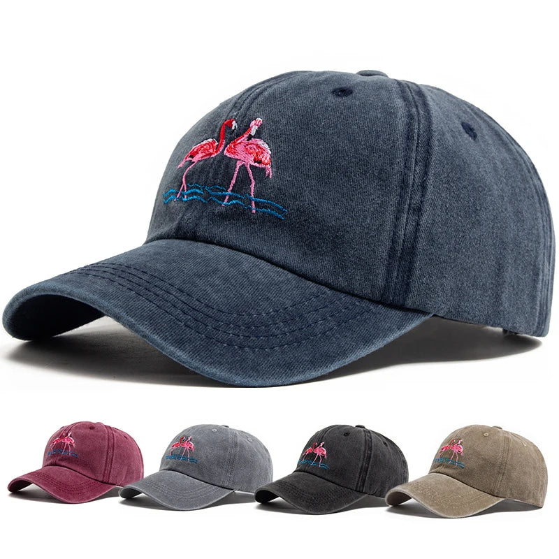 Flamingo Embroidered Washed Cotton Baseball Cap