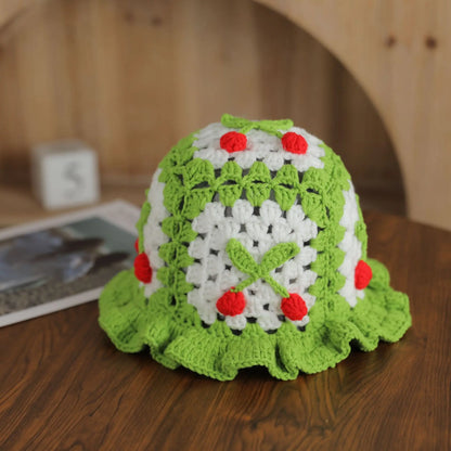 3D Cherry Crochet Ruffled Bucket Hat