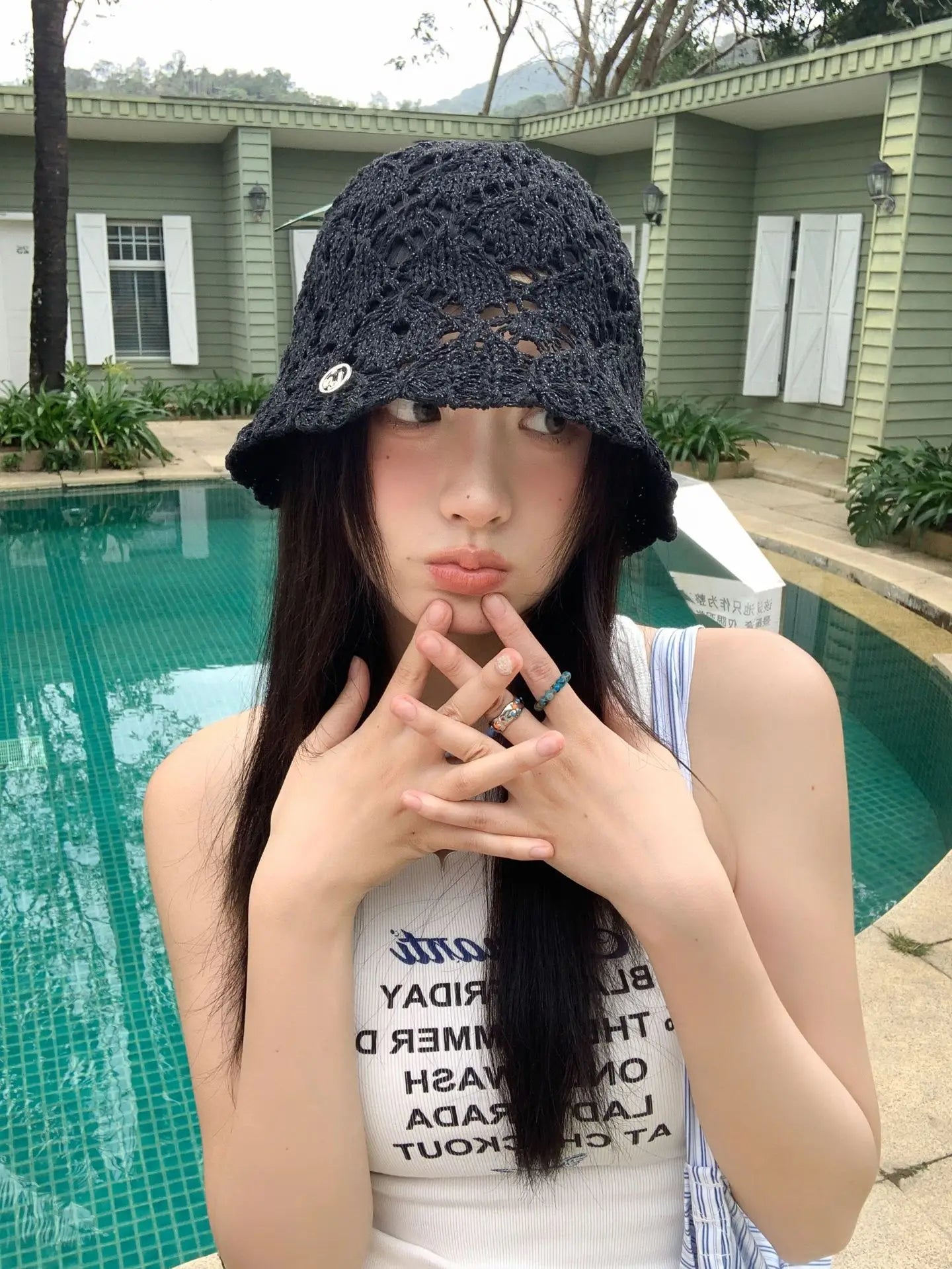 Women Beige Crochet Hollow Knit Bucket Hat