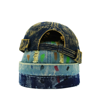 Tear Broken Denim Docker Cap Colorful Brimless Caps