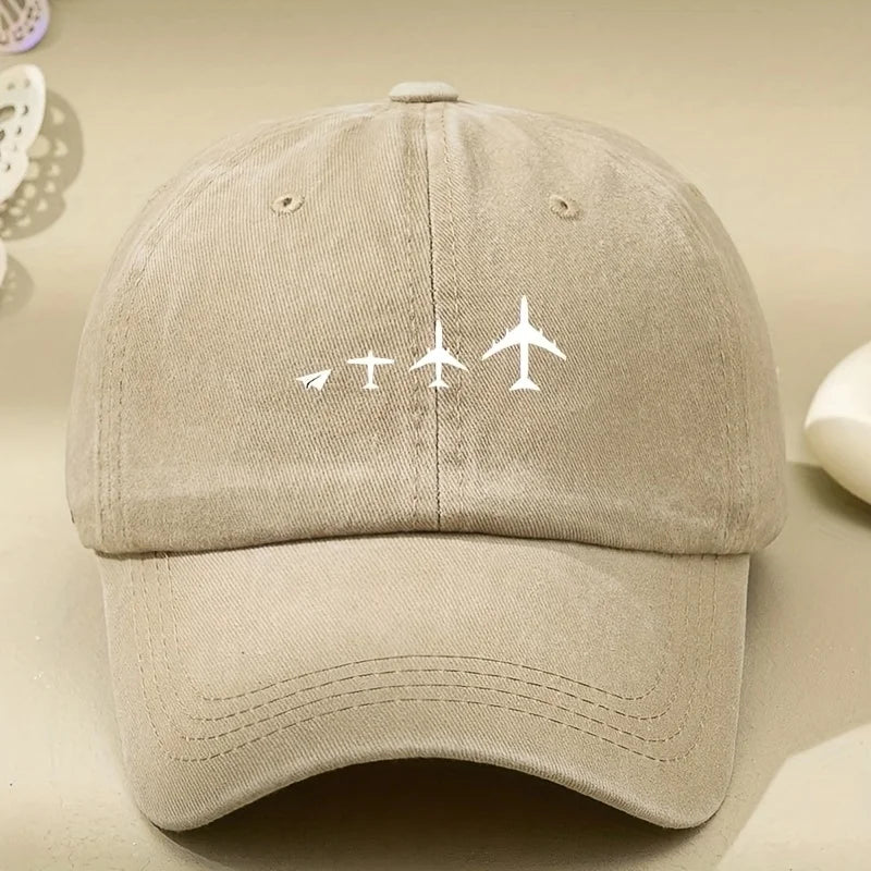 Retro Airplane Print Washed Baseball Cap Adjustable