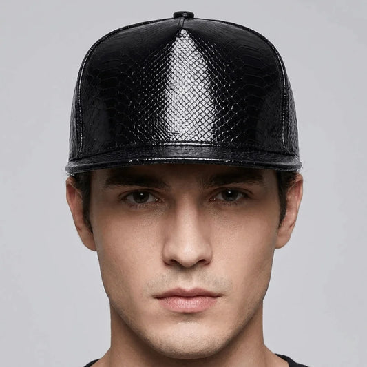 PU Leather Flat Brim Adjustable Hip Hop Snapback Cap