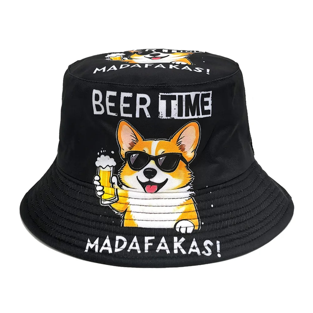 Beer Time Dog Print Panama Bucket Hat