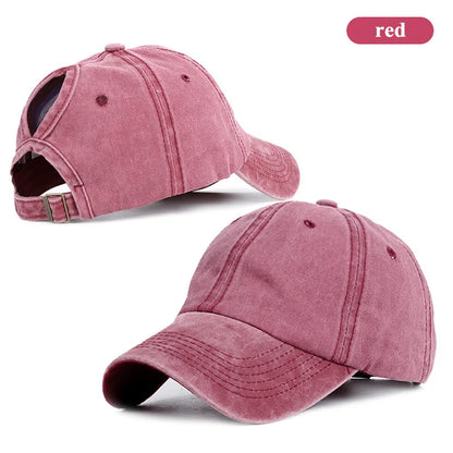 Vintage Washed Cotton Baseball Cap Women Hollow Out Ponytail Hat Outdoor