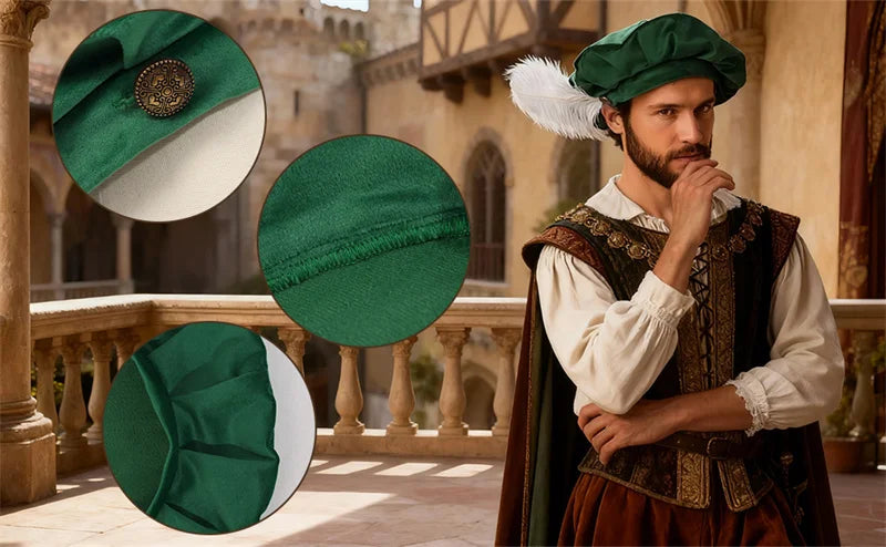 Quality Medieval Unisex Beret Hat With Feather Suede Tudor Hat
