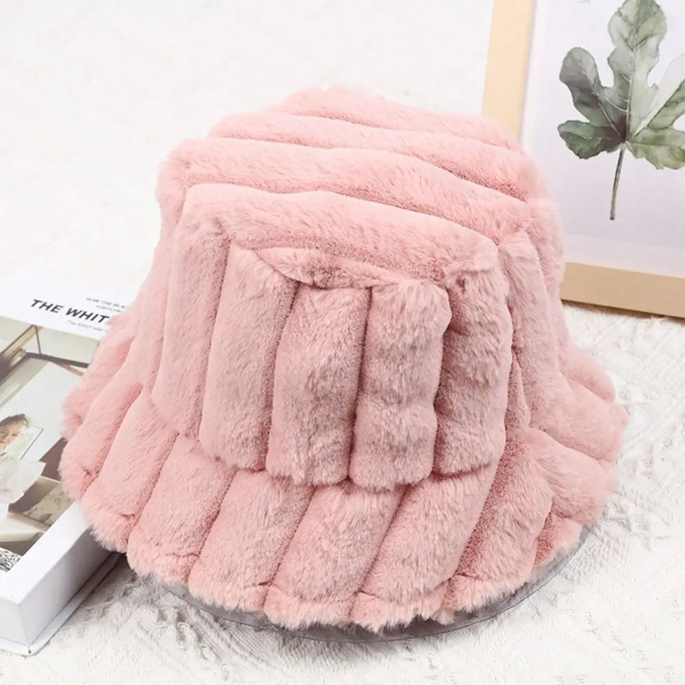 Women Faux Fur Winter Panama Fisherman Bucket Hat
