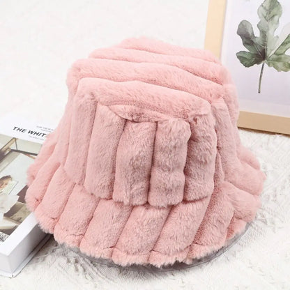 Women Faux Fur Winter Panama Fisherman Bucket Hat