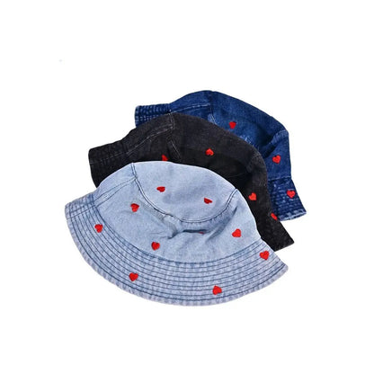 Trend Retro Denim Love Heart Embroidery Bucket Hat