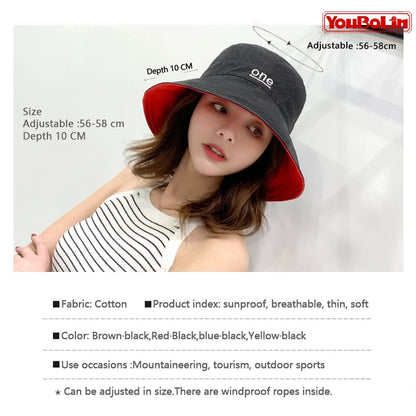 Womens ‘ONE‘ Letter Embroidery Double-Sided Cotton Bucket Hat