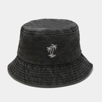 Palm Tree Embroidered Washed Bucket Hat