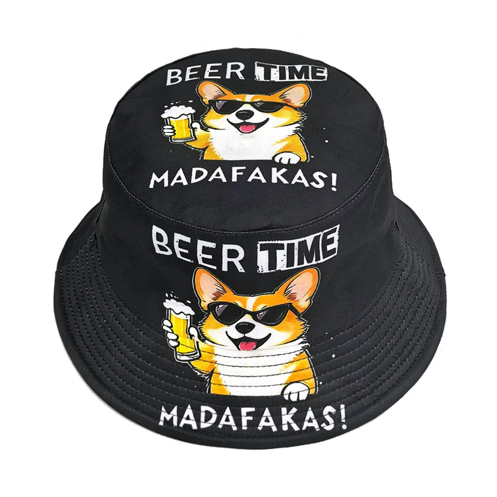 Beer Time Dog Print Panama Bucket Hat