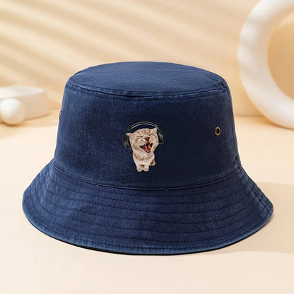 Earphone Cat Print Bucket Hat